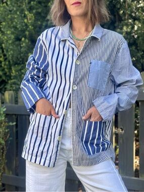 Alex Mill Cotton Poplin Chore Style Colorblock Stripe Shacket Shirt Tunic